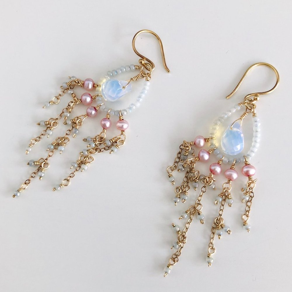 Dainty Blue & Pink Pearl Dangling Earrings